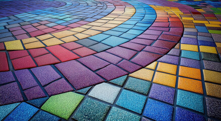 Fototapeta premium A bright mosaic features a variety of colorful square tiles arranged artistically on the ground in a public space