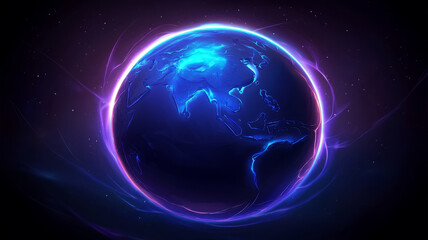 vibrant depiction of glowing Earth with neon blue and purple accents, surrounded by cosmic background