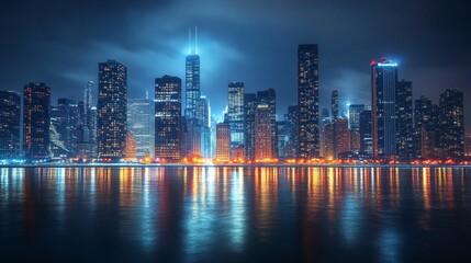 Obraz premium Breathtaking City Skyline Spectacle at Night with Reflective Water