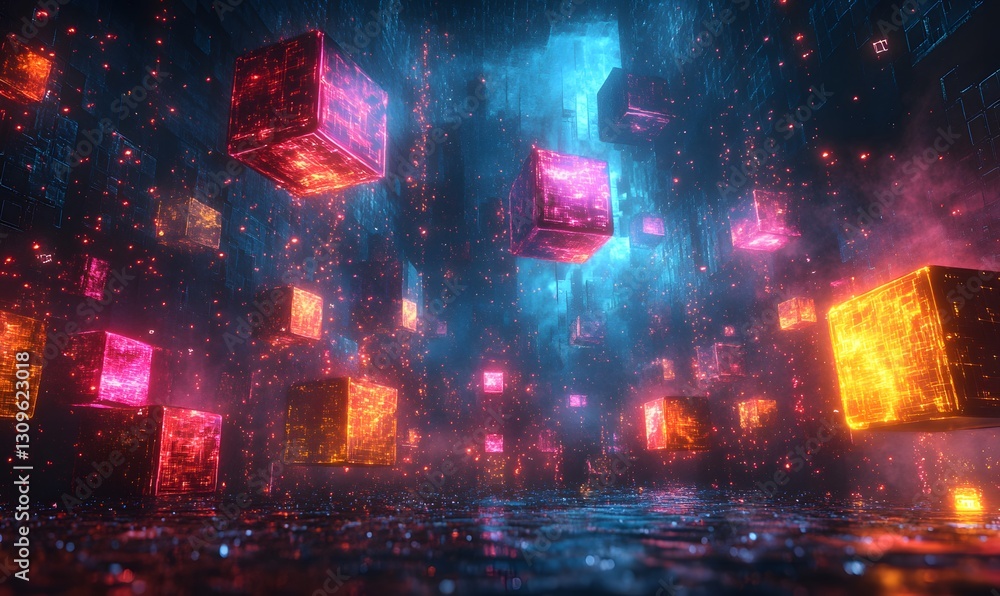 Aufkleber abstract futuristic glowing cubes floating in a digital space environment