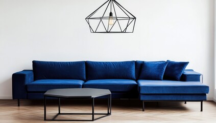 Modern living room with blue sectional sofa, geometric pendant light, and dark gray coffee table.
