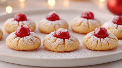 Delightful Cherry Topped Cookies on a Cream Plate for Festive Occasions