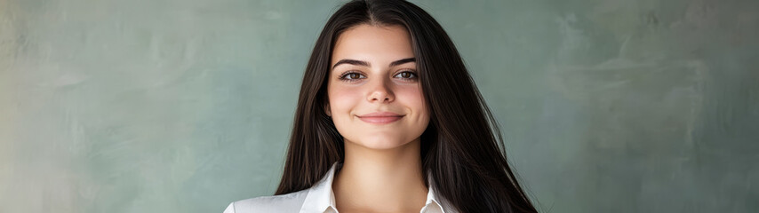 Naklejka premium Young woman with long hair smiles against a simple textured background in a bright setting