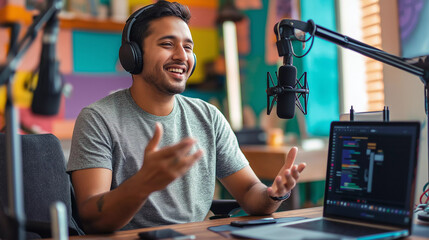 Male podcaster recording video audio podcast from studio. Content creator, influencer