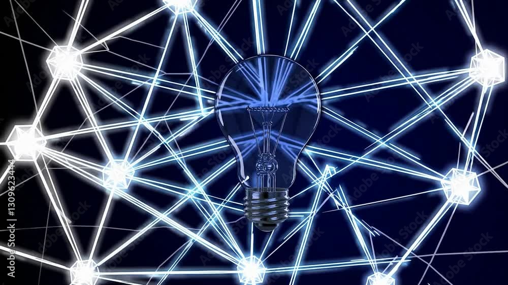 Poster lit light bulb is at the center of a complex network of interconnected glowing nodes, symbolizing in