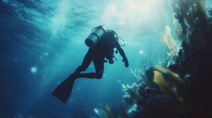 diver in the sea, underwater life, coral blue water, diver is underwater