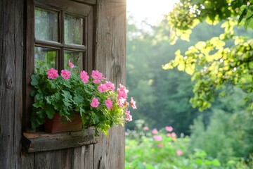 Melancholic Beauty of Pink Flowers in a Tilted Window Surrounded by Lush Greenery