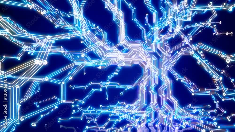 Poster complex glowing circuit board showing data flowing and processing with blue and yellow neon lines on