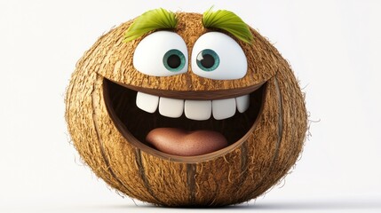 Cartoon coconut smiling against white background.  Possible use children's book cover, greeting card