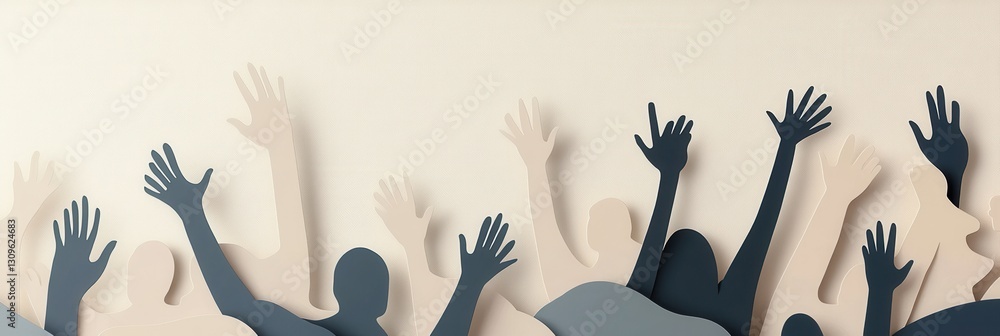 Poster unity in diversity shows stylized silhouettes of people raising hands in harmony against a soft, mod