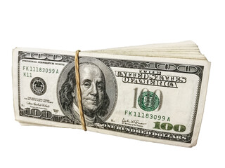 A bundle of 100 dollar notes with a rubber band cut out