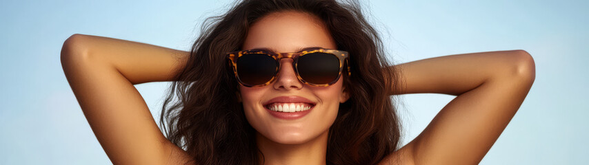 Fototapeta premium Smiling woman enjoying sunny day outdoors wearing stylish sunglasses with vibrant background