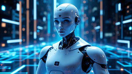 Futuristic AI Robot in Digital Landscape