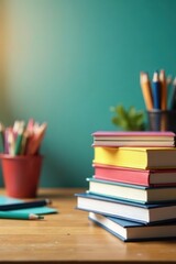 Fototapeta premium Stack of colorful school supplies on wooden desk, textbooks, education