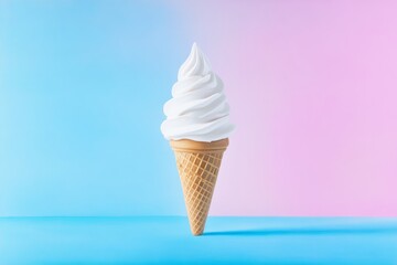 Creamy Vanilla Ice Cream Cone - A single scoop of creamy vanilla soft serve ice cream in a waffle cone, set against a pastel blue and pink background