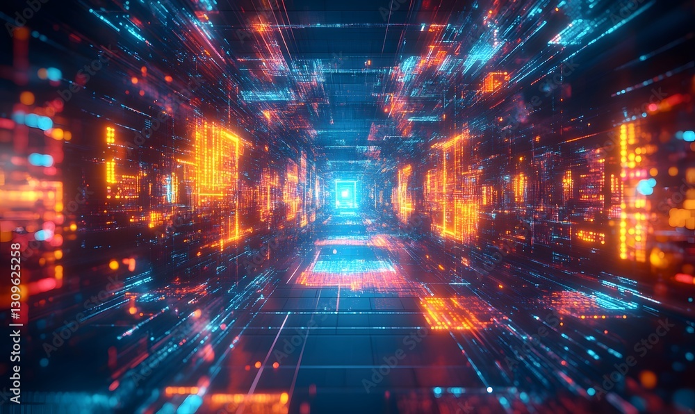 Poster abstract futuristic data stream, digital tunnel with glowing elements