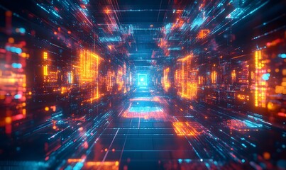 Abstract Futuristic Data Stream, Digital Tunnel with Glowing Elements