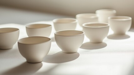 Group of nine white cups arranged in a row on a white surface. the cups are of different sizes and shapes, with some being small and others being larger.