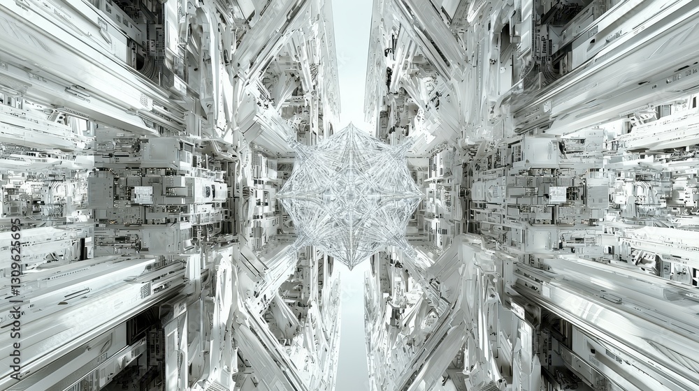 Poster exploring abstract structures digital realm 3d artwork futuristic environment symmetrical viewpoint
