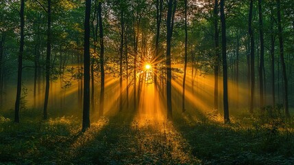 Fototapeta premium Sunbeams pierce misty forest at dawn (1)