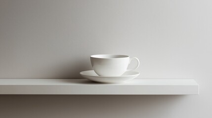Fototapeta premium White coffee cup and saucer placed on a white shelf against a plain white wall. the cup is empty and has a handle on one side and a small bowl on the other side.