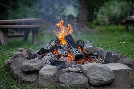 The campfire burns brightly within the stonelined outdoor pit
