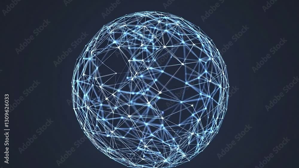 Poster rotating abstract plexus sphere against a dark background, illustrating global network connections, 