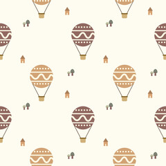 Hot air balloon brown cartoon so cute. On house tree background. Pattern seamless vector illustration. 
