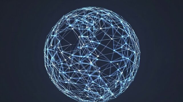 Rotating abstract plexus sphere against a dark background, illustrating global network connections, facilitating data exchange, and embodying futuristic technology concepts