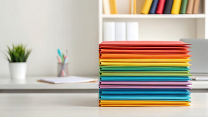 Stack of organized folders in various shades on desk, enhancing workspace efficiency and creativity
