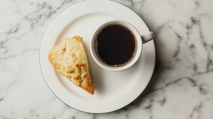 White plate with a scone on it and a cup of black coffee on a marble countertop. the scone is golden brown and appears to be freshly baked, with a flaky crust and a soft, fluffy interior.
