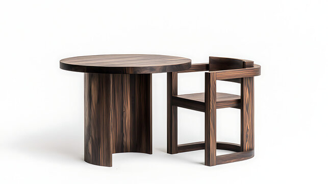 A wooden table and chair are placed next to each other