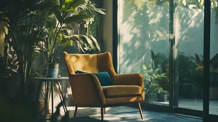 Cozy yellow armchair in a sunlit room surrounded by lush green plants and a tranquil atmosphere