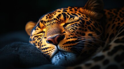 Obraz premium Sleepy Leopard in Dark Cave