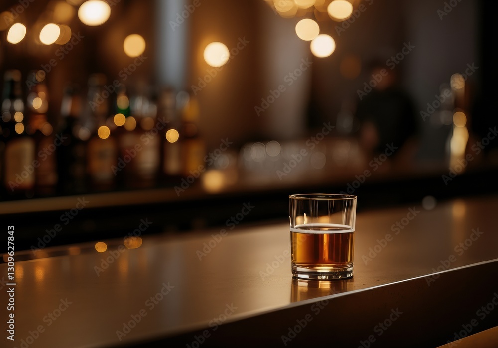 Poster glass of whiskey on a bar counter with blurred bottles in the background