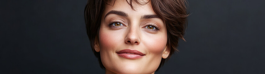 Fototapeta premium Confident woman with short hair smiling against a dark background in soft lighting