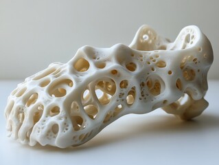 3D-Printed Bone Scaffold: A Detailed View of Advanced Bioengineering, Showcasing Intricate Porous Structure and Innovative Material Science on Clean White Background.