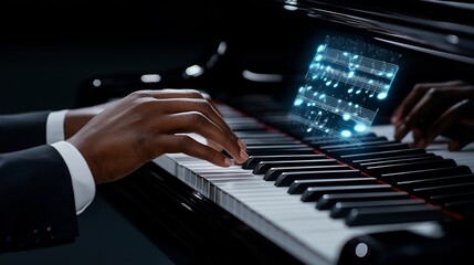 Skilled pianist performs on elegant piano with digital sheet music display