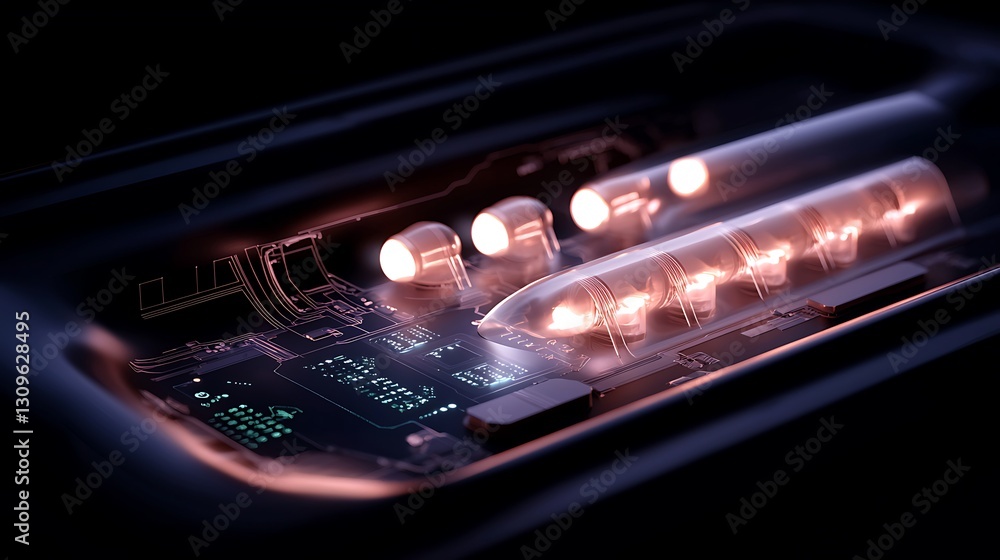 Aufkleber close-up view of a futuristic device showcasing glowing components and intricate circuitry