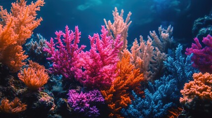Obraz premium Vibrant coral reef undersea spectacle: vivid pinks, purples, oranges, and yellows dance in an intimate underwater tableau