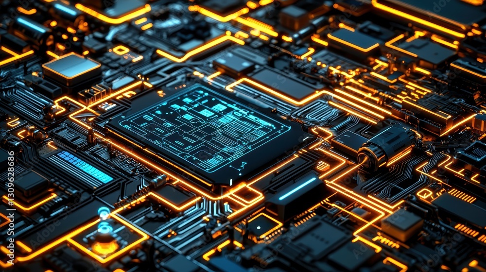 Poster high-tech circuit board close-up futuristic technology digital composition neon environment macro vi