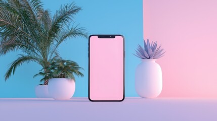 Smartphone mockup with plants on pastel background.