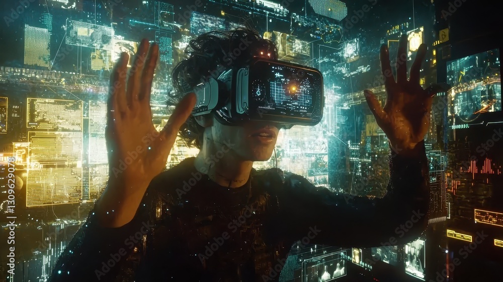 Poster virtual reality exploration futuristic setting digital content high-tech environment close-up perspe