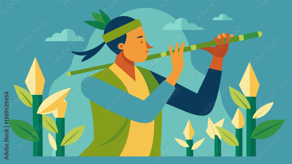 Poster a flutist serenading listeners with a flute made from a recycled glass bottle and bamboo.. vector il