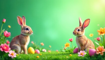 Fototapeta premium Vibrant green Easter backdrop, colorful blooms, playful bunnies , backdrop, vibrant