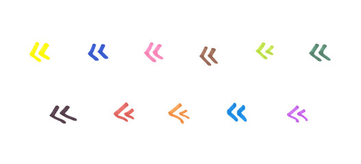 Double Left angle quote Symbol Set, Hand-drawn Colorful Marker Glyphs on Transparent Background