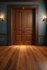 there is a wooden door in a room with blue walls