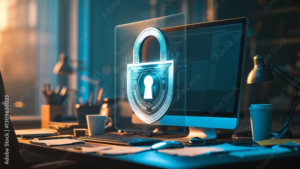 Aufkleber digital security concept with a holographic padlock displayed on a modern desktop computer in a cozy