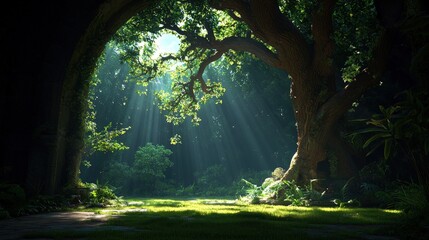 Sunbeams through lush forest, ancient tree