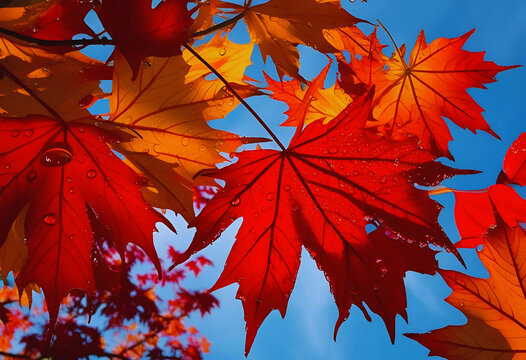 Bright red maple leaves in autumn with colorful foliage and branches against a blue sky in a peaceful garden park